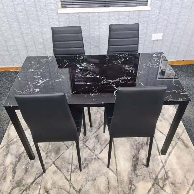 Kosy Koala Modern Black Rectangular Glass Dining Table with 4 Black Metal Chairs