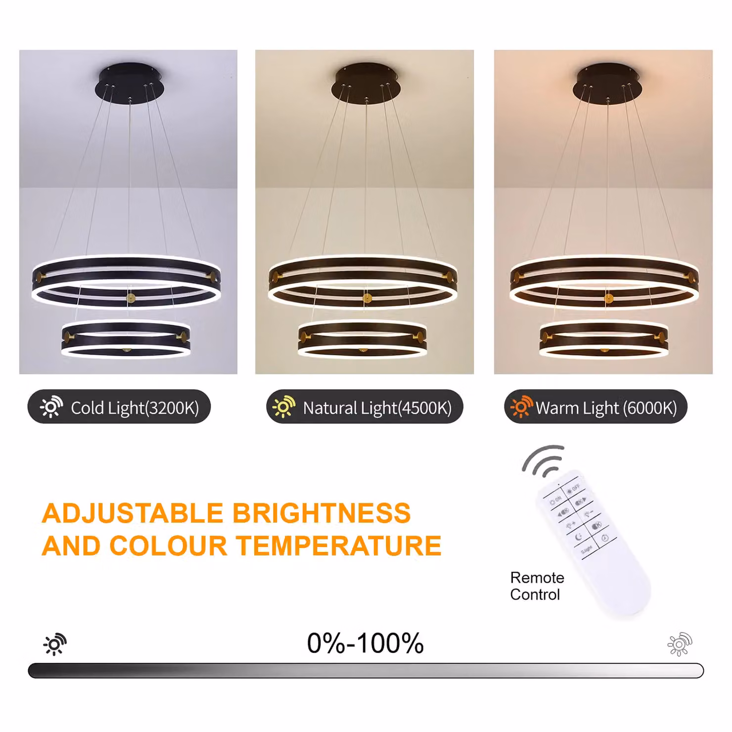 Garwarm 64W Black Acrylic 2-Ring Dimmable LED Chandelier with Remote Control – 4