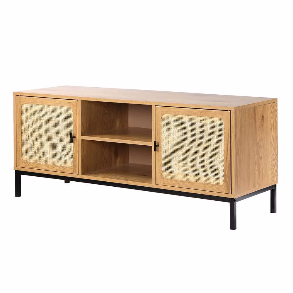 CALICOSY JAYA 2-Door TV Stand with Rattan Cane and 2 Shelves, Light Brown, W: 120 cm, D: 39 cm, H: 51 cm – 3