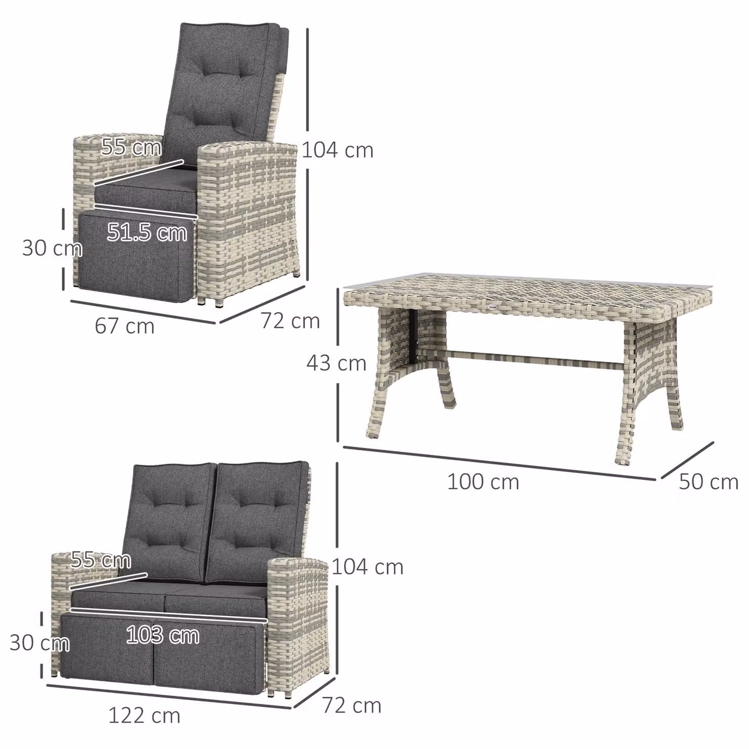 Outsunny 4 Piece Rattan Garden Furniture Set with Upholstered Cushions and Glass Top Coffee Table in Grey – 3