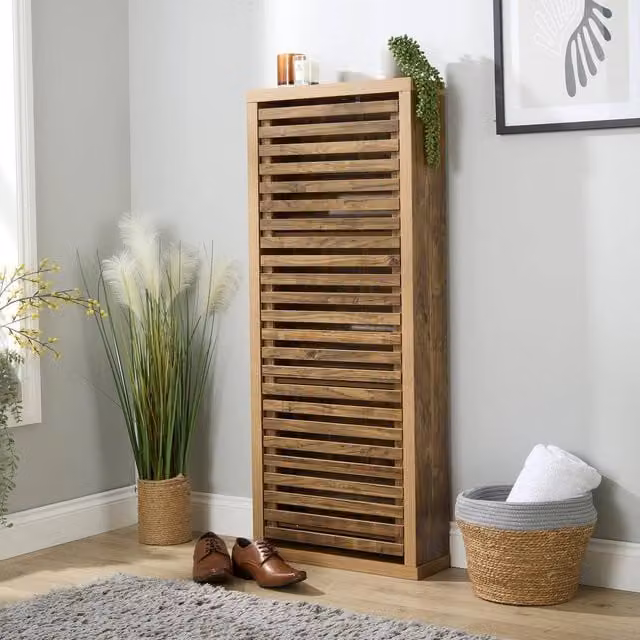 Home Source Luna Compact Shoe Storage Cabinet in Brown Oak with 3 Slatted Tilting Doors, W/D/H: 53 x 18 x 131 cm