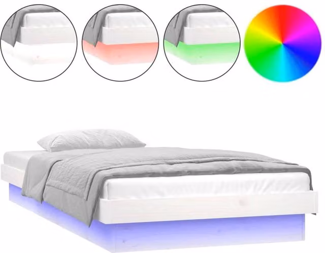Berkfield Home Single Solid Wood LED Bed Frame with USB Charging Port and Under-bed Lighting, White, 90 x 190 cm