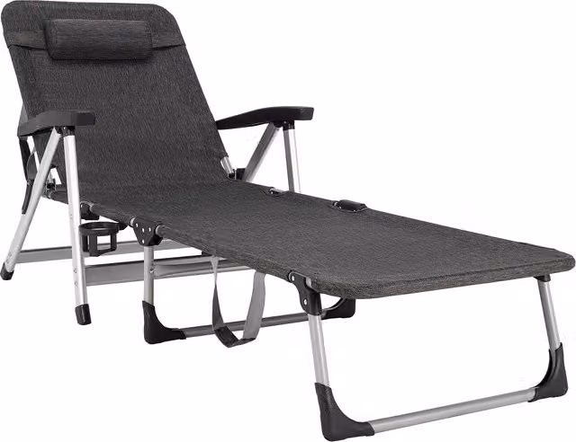 Costway Grey Folding Outdoor Chaise Lounge with Adjustable Headrest and Powder Coated Aluminium Frame