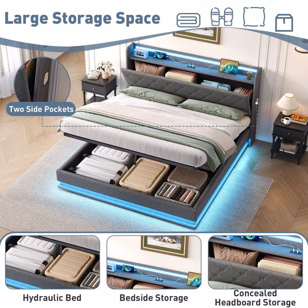ModernLuxe Upholstered Ottoman Bed in Grey with LED Storage Headboard and USB Charging Port, W/D/H: 140 x 200 cm – 4