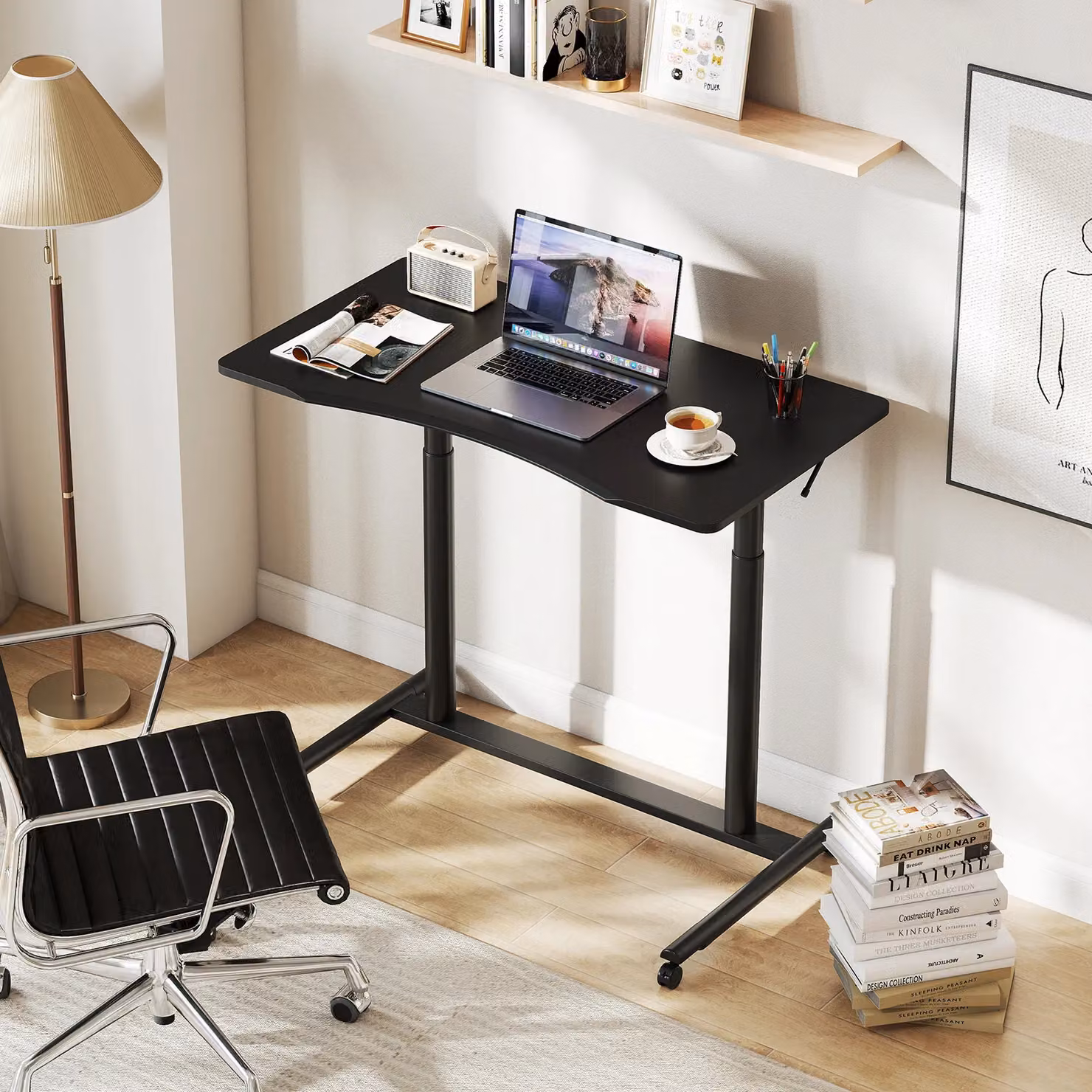 Costway C-Shaped Mobile Standing Desk with Adjustable Height and Castors, Black – 5