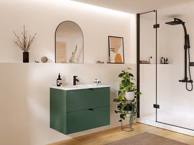 Vente-unique Ribbed Suspended Bathroom Furniture with Recessed Ceramic Basin in Matte Green and White, W/D/H: 80 x 47 x 60 cm – 1