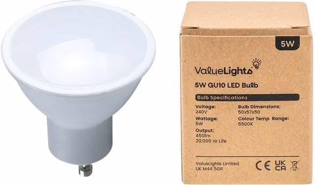 ValueLights 10 Pack GU10 White LED Spot Light Bulbs, 5W, 6500K Cool White, 480lm, Dimmable