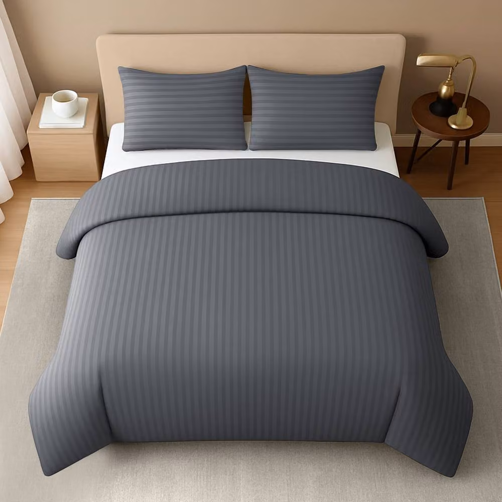 Pamposh Grey Striped Microfibre Duvet Cover and Pillowcase Set with Zip Closure – 2