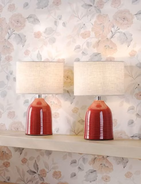 Laura Ashley Set of 2 Penny Red Ceramic Ribbed Table Lamps