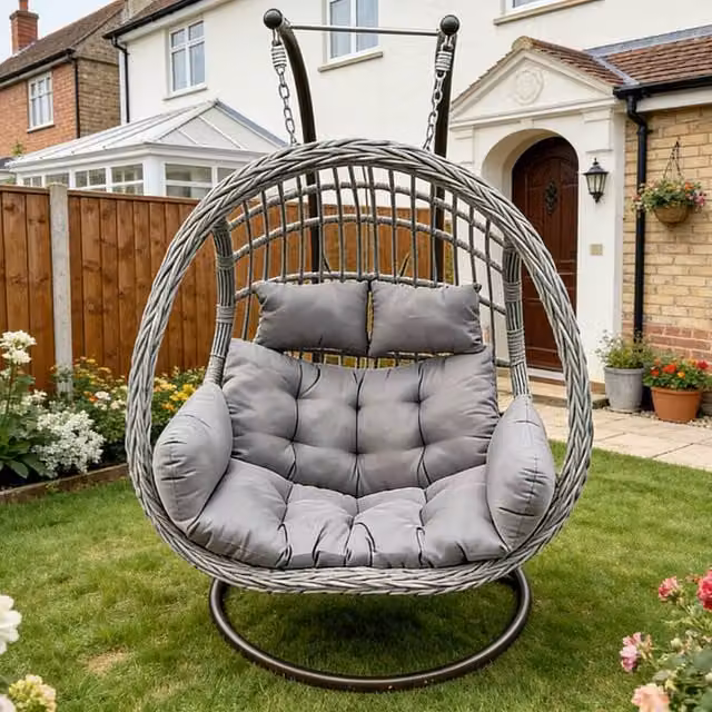 Fimous Two Seater Outdoor Rattan Egg Hanging Chair with Thick Cushions in Dark Grey – 1
