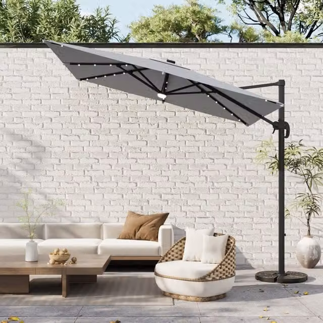 Breeins Square Cantilever Parasol Set with LEDs and Rotating Base in Light Grey