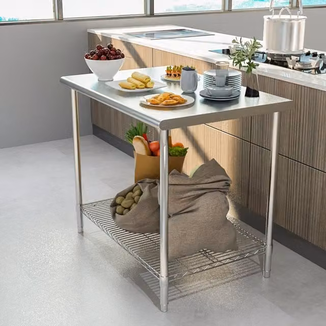 Livingandhome Silver Stainless Steel Commercial Food Prep Work Bench with Height Adjustable Four Legs, Width: 90 cm