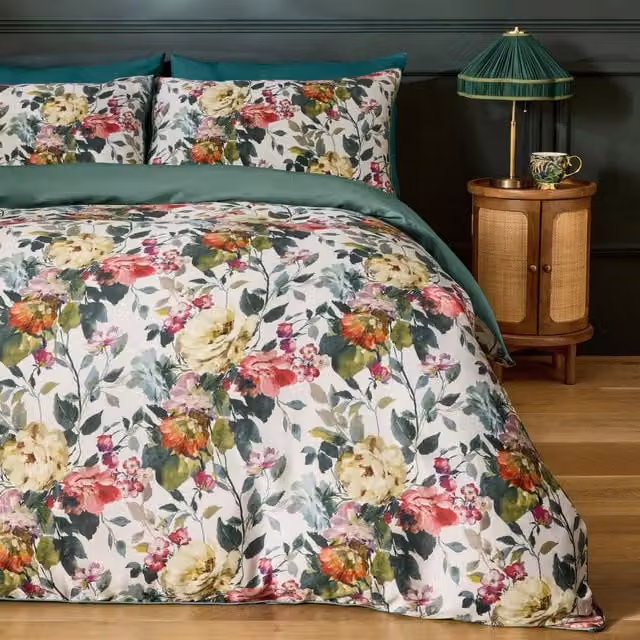 Clarke & Clarke Bloom Reversible Floral Mako Satin Cotton Duvet Cover and Pillowcase Set in Green and Multicolour