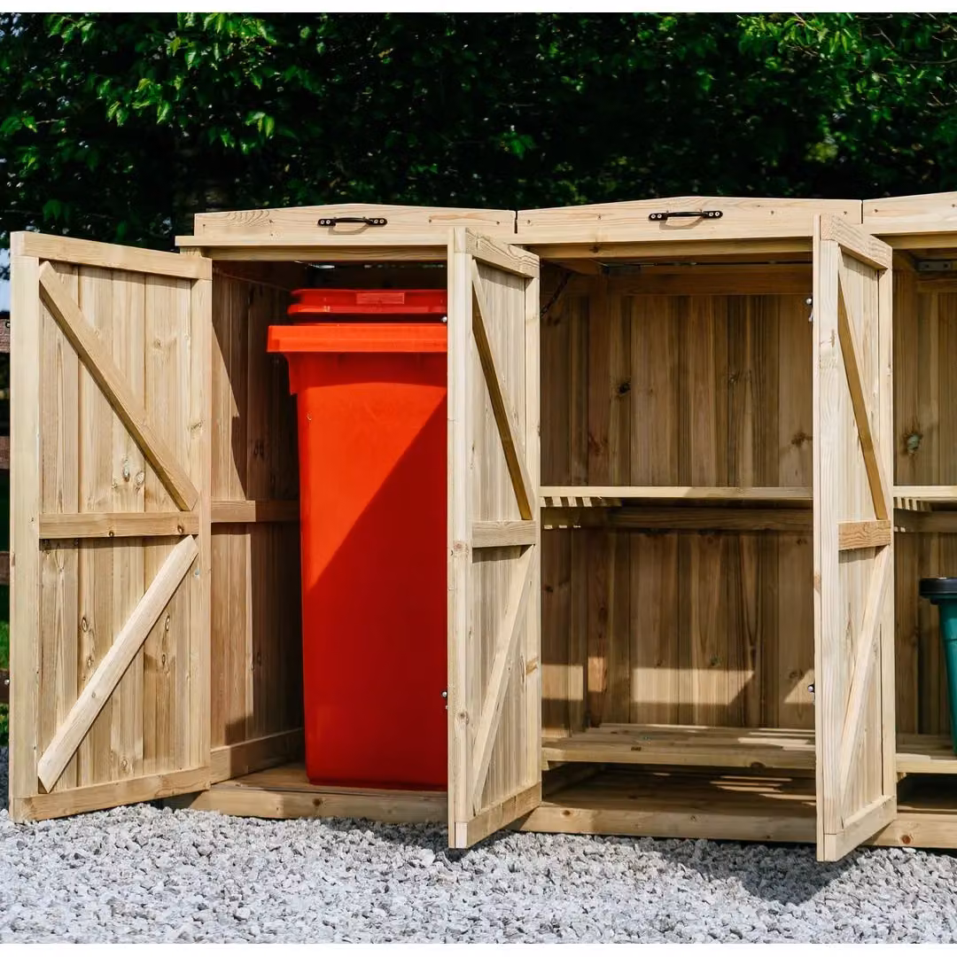 Buttercup Farm Chatburn Brown Wooden Bin Store with Shelving for 1x 180L/240L Wheelie Bins and 8x Boxes – 3