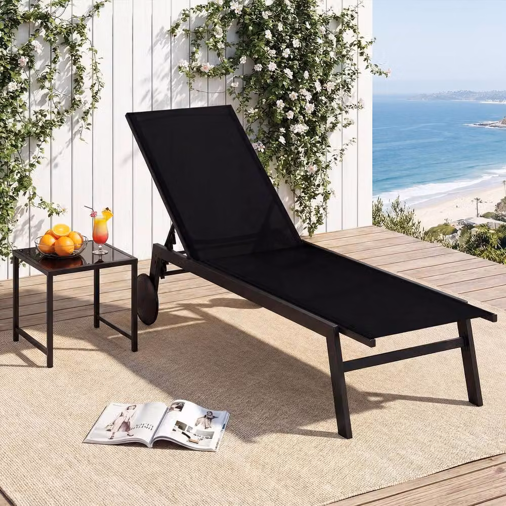 Costway Black Patio Chaise Lounge Set with Side Table and Reclining Textilene Chairs – 3