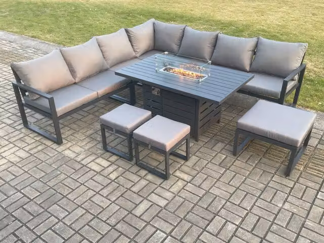 Fimous Aluminium Lounge Corner Sofa Garden Furniture Set with Gas Fire Pit Dining Table and 3 Footstools in Dark Grey