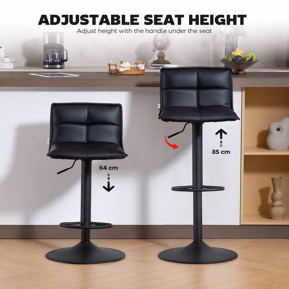 ERGOVEXA Set of 2 Modern Faux Leather Bar Stools in Black with 360 Degree Swivel and Metal Base – 5