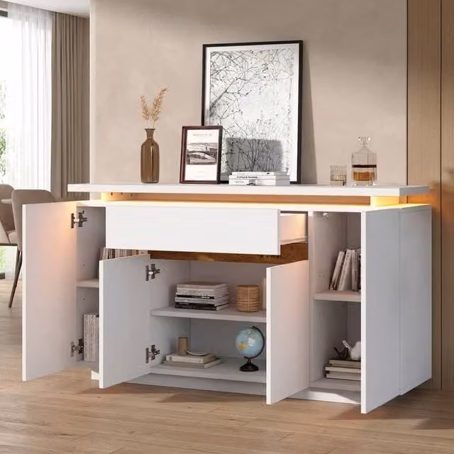 STILVORA Modern Sideboard with Integrated LED Lighting and Drawer Storage in White and Natural, W: 140 cm, D: 40 cm, H: 80 cm – 1