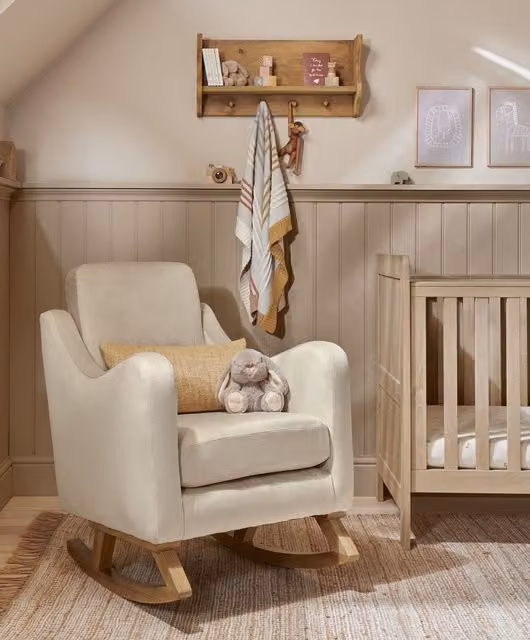 Mamas & Papas Bowdon Nursing Chair in Beige Velvet with Oak Wood Frame