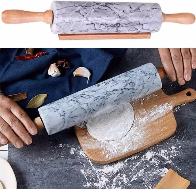 Gr8 Home Marble Rolling Pin with Wooden Handles and Stand in Grey, Black and White