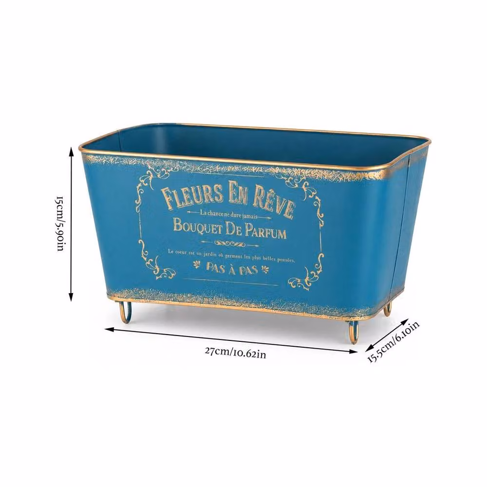 EONLION Rustic French Rectangular Metal Planter Tub in Blue – 2