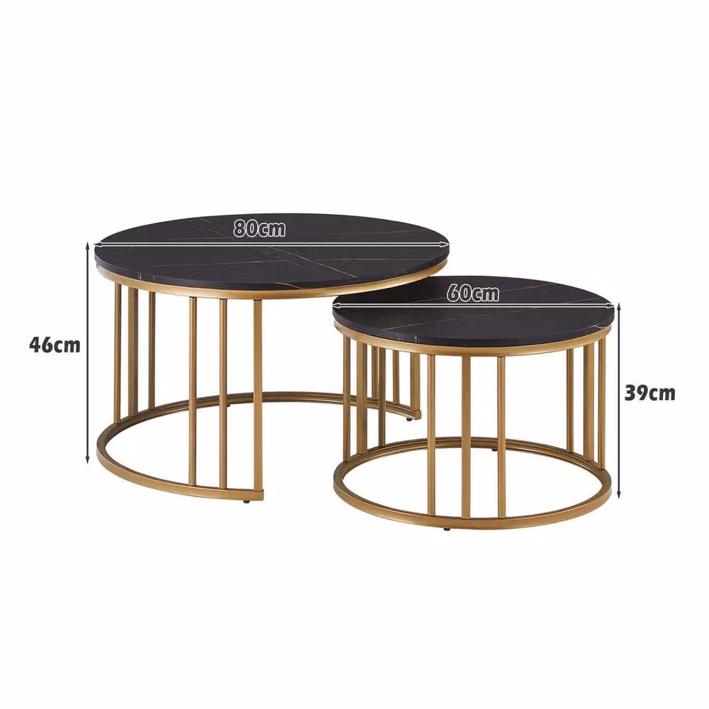 KORVIXA Black Round Nesting Coffee Table Set of 2 with Marble Tops, Diameter: 100 cm – 2