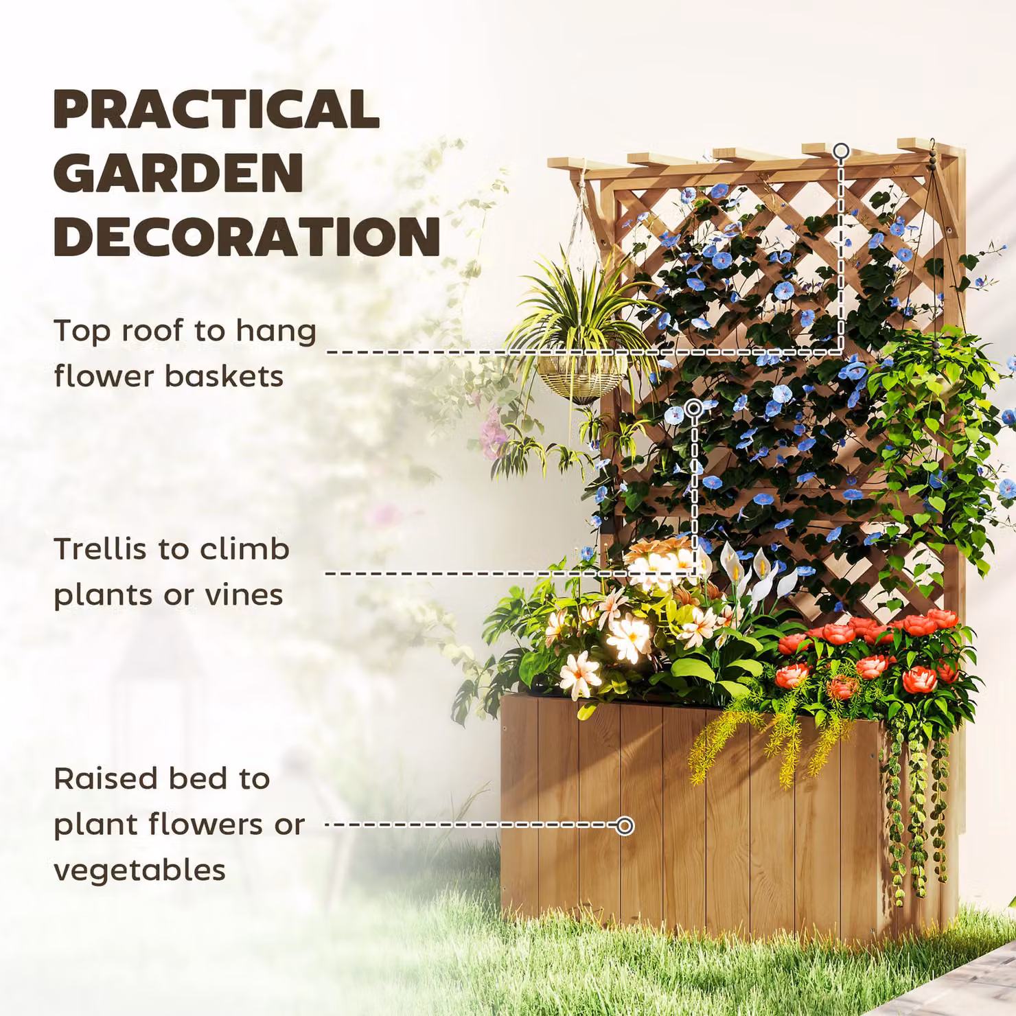 Outsunny Wooden Raised Garden Bed with Trellis and Liner, Brown – 4