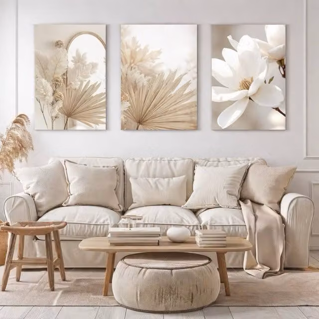 Mafett Beige Botanical Canvas Wall Art Set of 3 Minimalist Floral Prints, W: 60.96 cm, H: 81.28 cm – 1