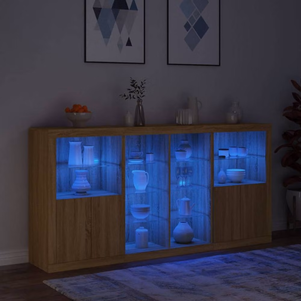 Berkfield Home Modern Sideboard with Integrated LED Lights in Light Oak, W/D/H: 202 x 37 x 100 cm – 2