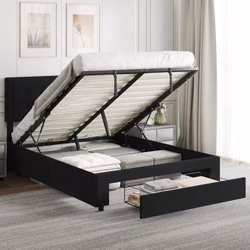 HOMCOM Black Velvet Upholstered Double Ottoman Bed with Lift-Up Storage Base, W: 140 cm, D: 190 cm, H: 95 cm – 1