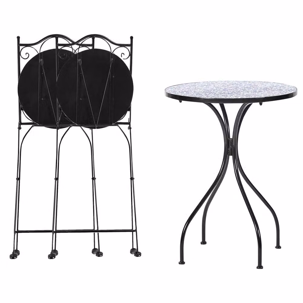 Wyld and Coco Mediterranean Bistro Set in Black Powder Coated Iron and Blue Floral Ceramic – 3