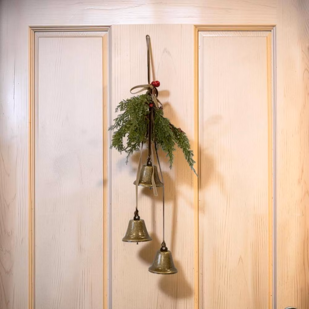 Four Candle Hanging Bells with Greenery and Red Berries in Green, Gold and Red – 2