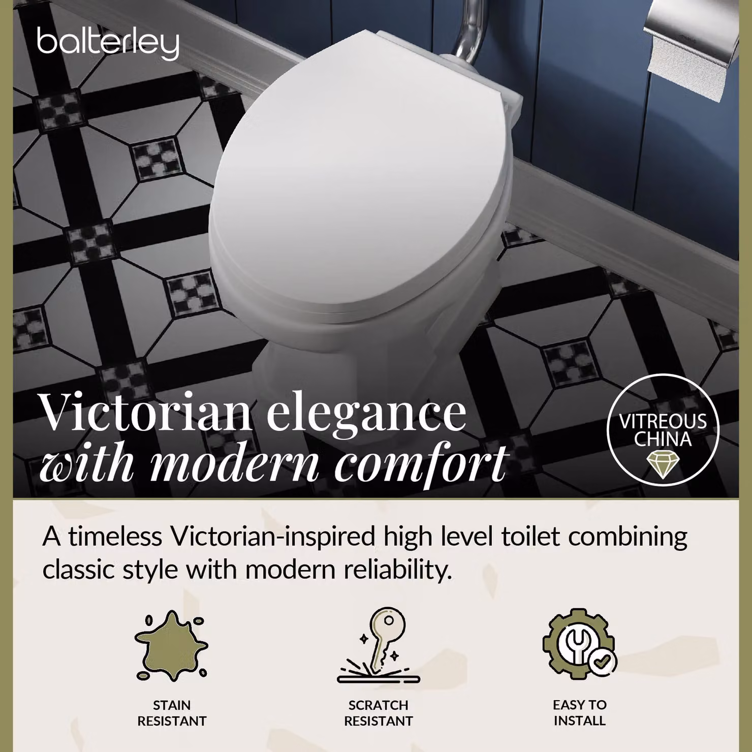 Balterley Traditional High Level Ceramic Wall Mounted Toilet with Cistern, Flush Pipe and Soft Close Seat in White – 2