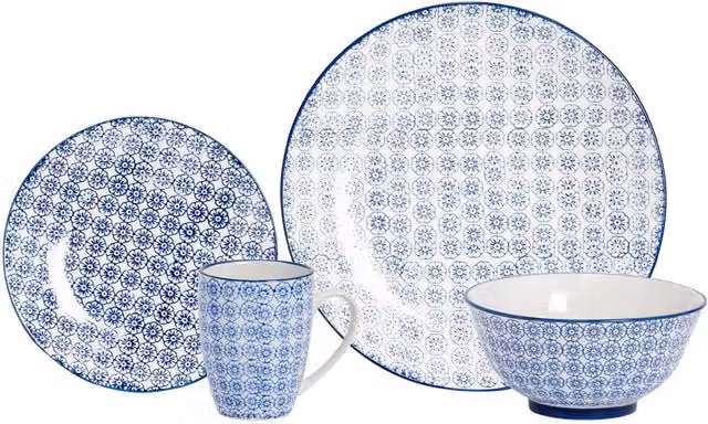 Nicola Spring 24 Piece Floral Hand-Printed Stoneware Dinner Crockery Set in Blue