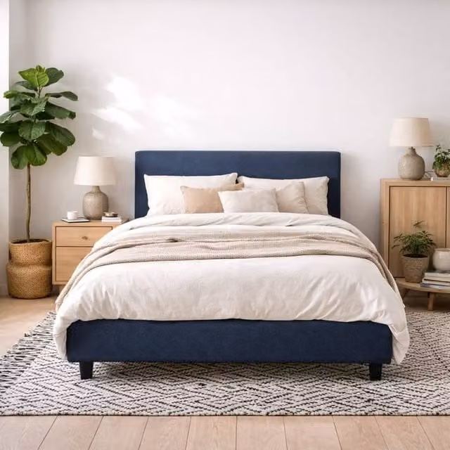 Wyld Haus Portarlington Upholstered King Bed in Navy Blue with Headboard, W/D/H: 180 x 200 cm – 1