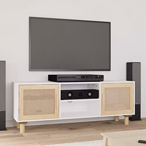 vidaXL Scandinavian TV Cabinet in White Solid Pine and Natural Rattan, W/D/H: 105 x 40 x 40 cm – 2