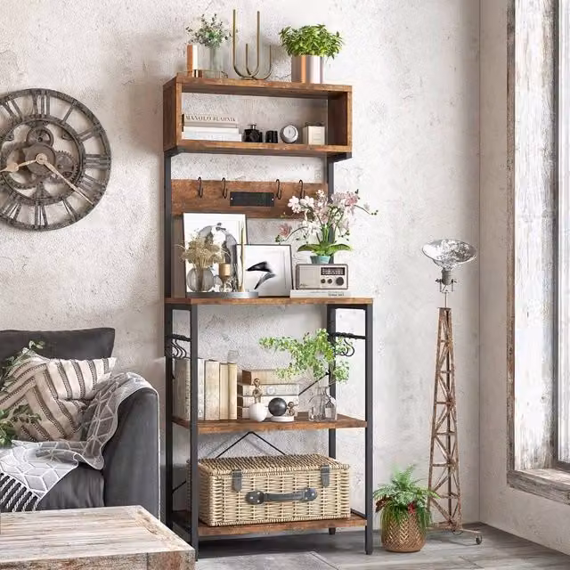 FORGEVIO Industrial Microwave Stand with Open Shelves and Hanging Rod, Brown, Height: 153 cm – 1