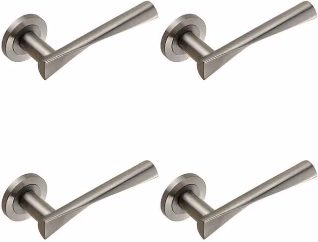Loops 4 Pair Angular Twisted Lever on Round Rose Concealed Fix Satin Brushed Stainless Steel Silver Door Handles