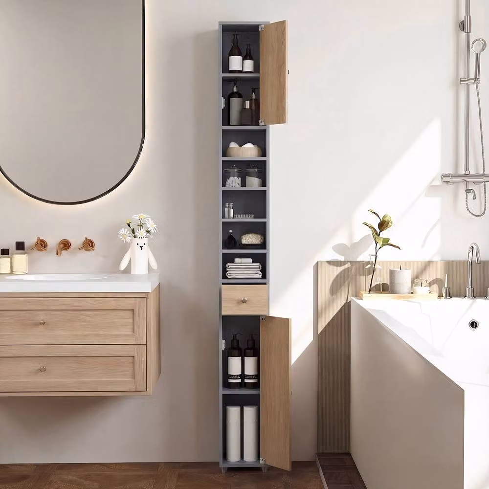 Costway Grey Slim Freestanding Bathroom Tall Cabinet with Internal Shelves and Drawers – 4