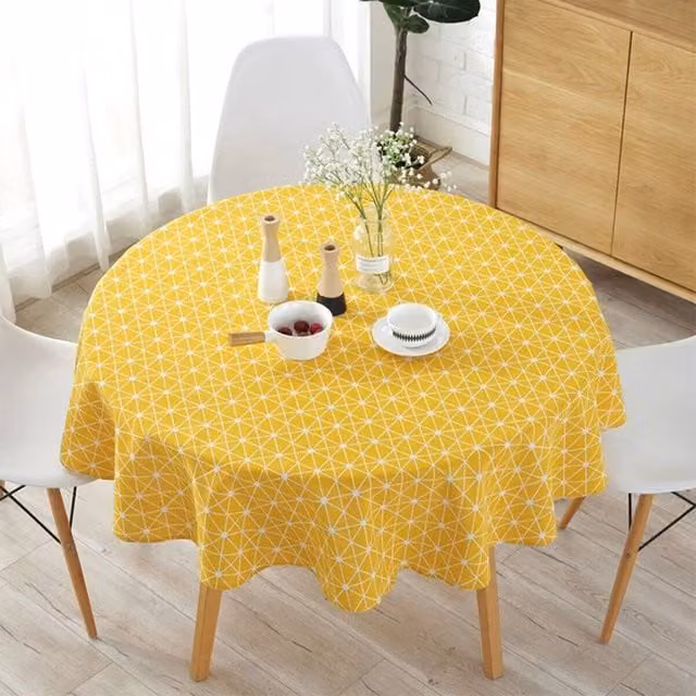 NESTLUNE Yellow Round Cotton Linen Tablecloth for Garden and Dining, W/D: 100 x 100 cm
