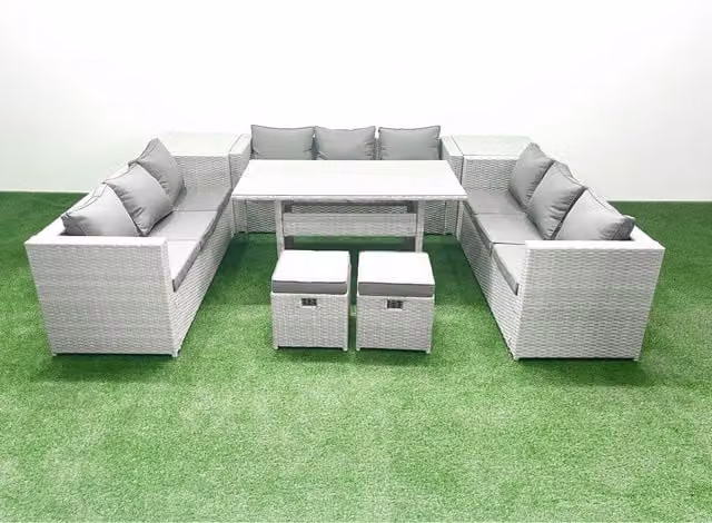 Fimous 11-Seater Light Grey Rattan Garden Furniture Set with Rectangular Glass Dining Table and Dark Grey Fabric Cushions