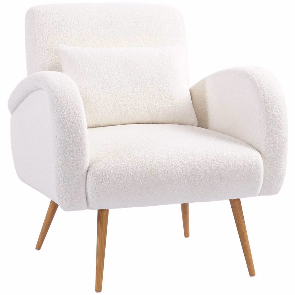 HOMCOM Bouclé Fabric Upholstered Tub Armchair with Metal Legs in Cream White and Beige – 2