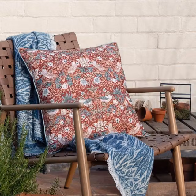 Morris & Co. Strawberry Thief Floral Outdoor Cushion in Red and Pink, W/D/H: 50 x 50 x 50 cm