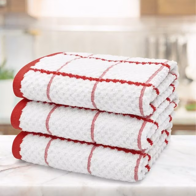 Kitchen Trends Set of 3 Highly Absorbent Checked Cotton Tea Towels in Red, Grey, Beige, Orange and White