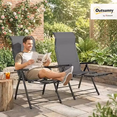 Outsunny Set of 2 Reclining Garden Chairs in Grey with Textilene Fabric and Powder Coated Steel Frame, H 85 x W 63.5 x D 106.5 cm – 2