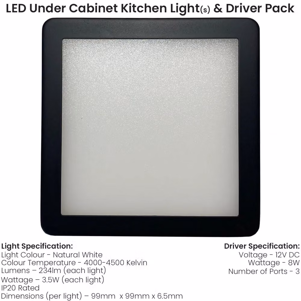 Loops 2x Matt Black Ultra-Slim Square Under Cabinet Kitchen LED Light and Driver Kit with Natural White Diffused Light – 2