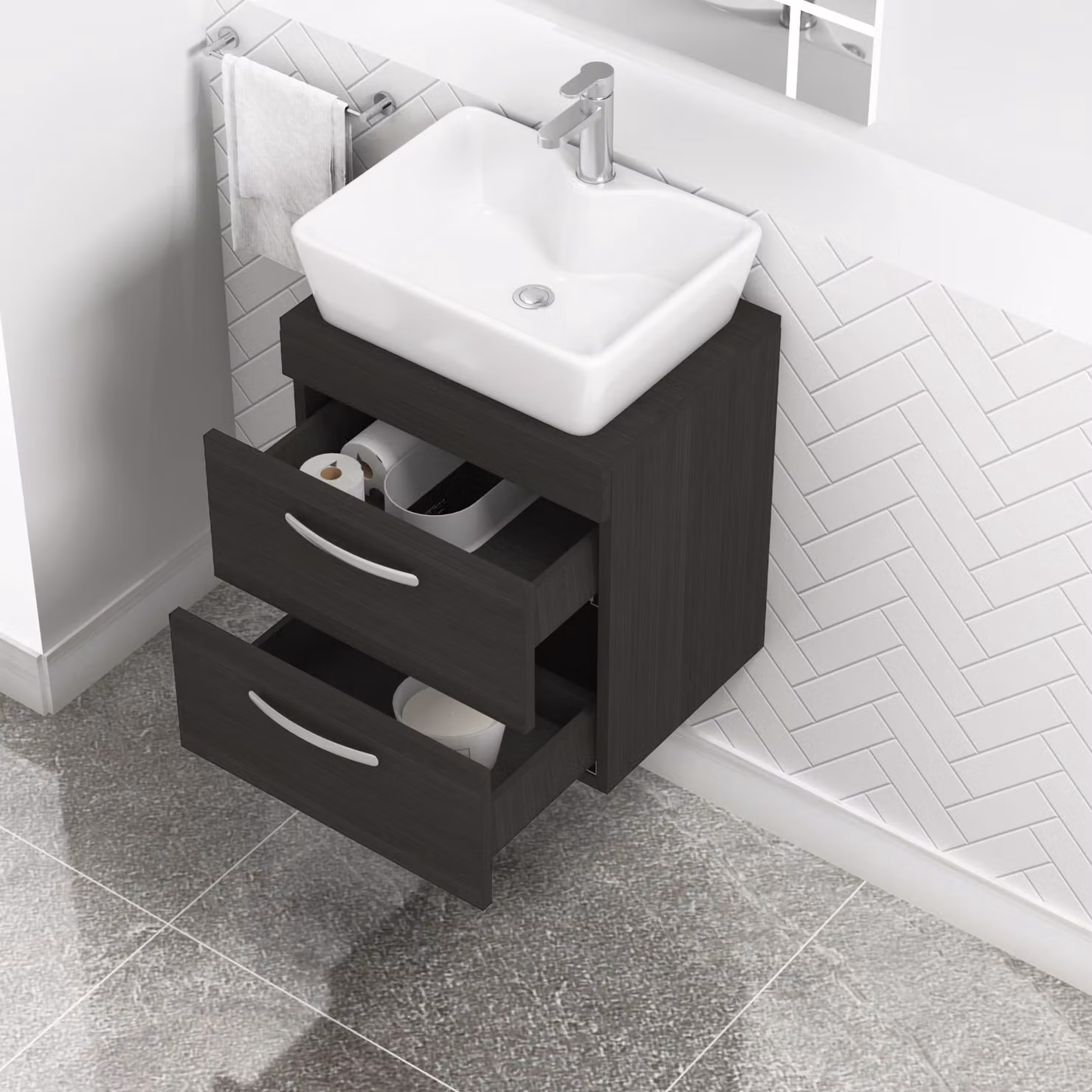 Royal Bathrooms Hale Black Wall Hung 2 Drawer Vanity Unit with Cube Countertop Basin