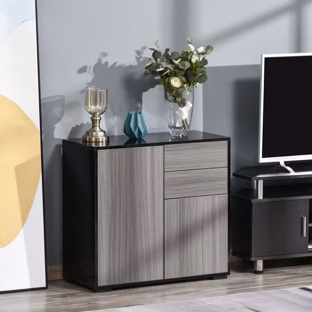 HOMCOM Glossy Push-Open Side Cabinet with 2 Drawers and 2 Doors in Light Grey – 2