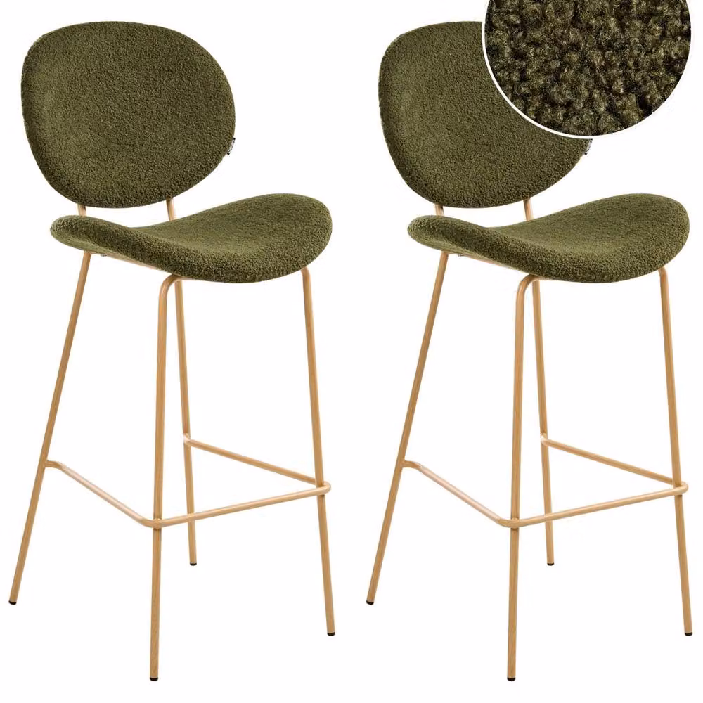 Wyld and Coco Astra Set of 2 Dark Green Boucle Bar Chairs with Wood-Look Metal Legs – 2