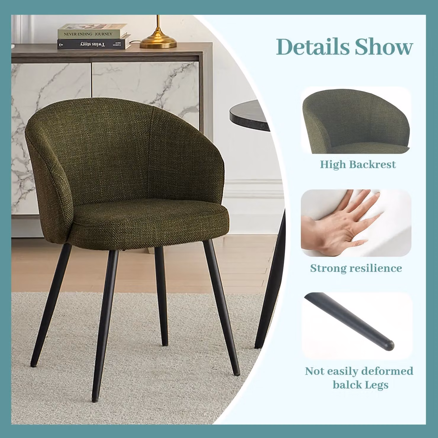 SONARA Modern Set of 2 Green Fabric Ergonomic Dining Chairs with Arms – 5
